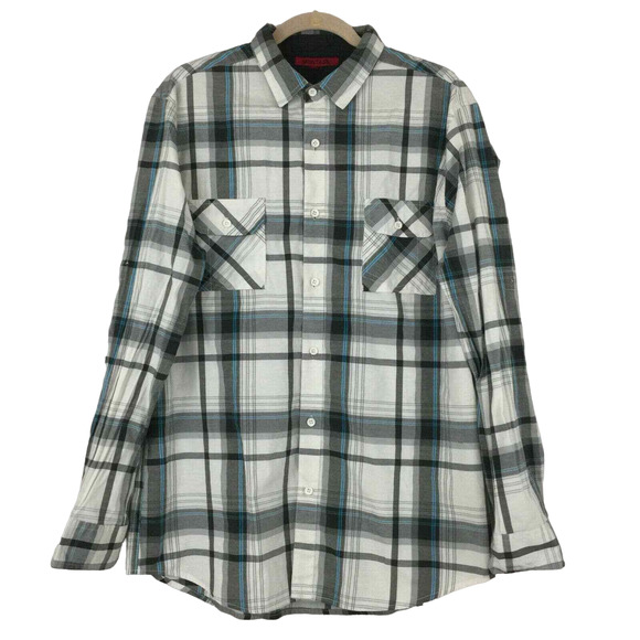 Montage Mens Button Down Shirt Size L Blue Gray Plaid Long Sleeve - Picture 1 of 8